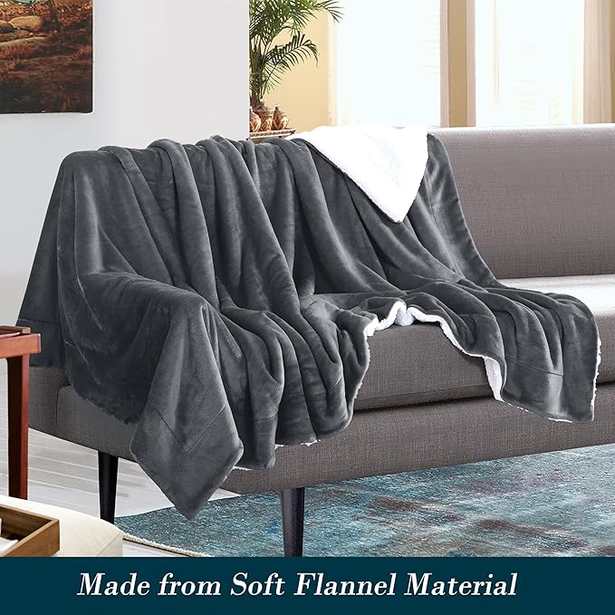 Mocassi Premium Ultra-Soft Flannel Fleece Sherpa Throw Blanket - Warm Cozy Reversible Plush Micromink Blanket for Couch, Bed and Sofa - Fluffy, Christmas Winter Bedding Gift, King, Gray