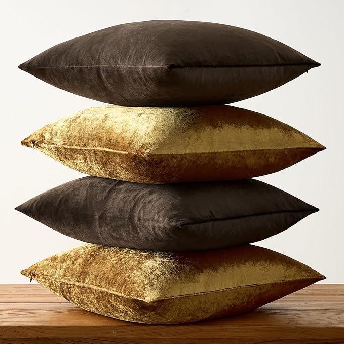 GIGIZAZA Brown Gold Pillow Covers 20x20,Velvet Soft Throw Pillow Covers Set of 4 Square Decorative Modern Pillows Covers for Living Room
