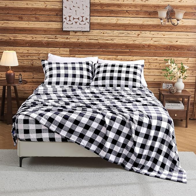 BEDELITE Fleece Sheets Queen Size Bed Set, Luxury Red and Black Plaid Winter Bedding Set, Super Soft & Warm Fuzzy Flannel-Like Sheets 4 Piece(Include Fitted Sheet, Flat Sheet, 2 Pillowcases)