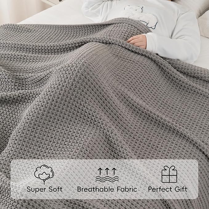 Bunnikins & Clover Grey Throw Blanket for Couch Bed Sofa, Waffle Knit Grey Blanket for Women Mothers Birthday Gifts, 60"x80"