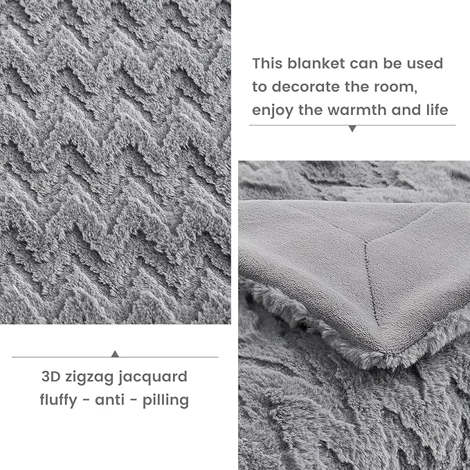 Cozy Bliss Faux Fur Textured Throw Blanket for Couch Super Soft Fuzzy Bed Blanket Gift for Women Premium 3D Ribbed Jacquard All Season Use Grey Zigzag 50"*60"
