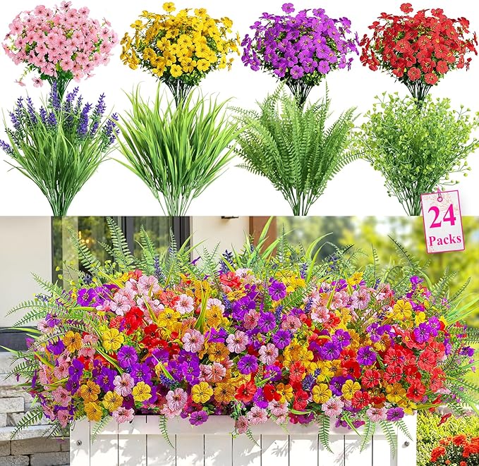 Alupssuc 24 Bundles Artificial Flowers for Outdoors Spring Decoration, UV Resistant Eucalyptus Violet and Lavender Silk Fake Plants for Outside Indoor Yard Home Patio Decor, Red Purple Yellow Pink