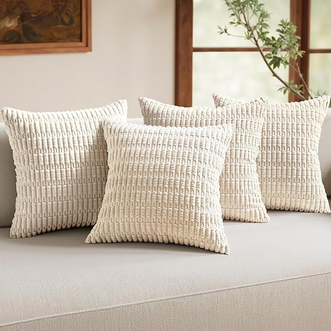 MIULEE Pack of 4 Cream White Corduroy Decorative Throw Pillow Covers 22x22 Inch Soft Boho Striped Pillow Covers Modern Farmhouse Home Decor for Sofa Living Room Couch Bed