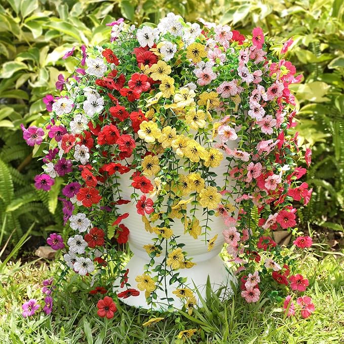 Artificial Flowers for Outdoors Spring Decor, 6 Bundles UV Resistant Realistic Fuax Silk Hanging Flowers, Fake Plants for Planter Indoor Outside Garden Porch Patio Balcony Yard Farmhouse