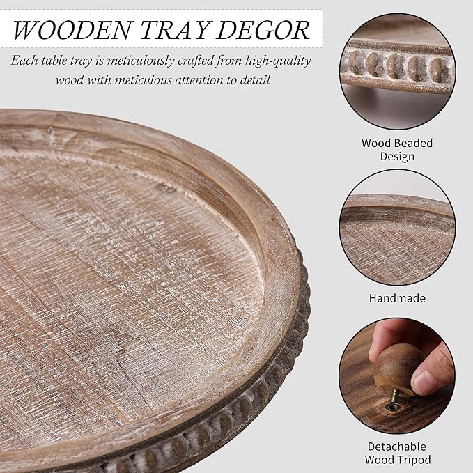 Wooden Coffee Table Tray Decor, Round Decorative Tray Brown Beaded Distressed Rustic Farmhouse Centerpiece for Dining Room Entryway Kitchen Counter Candle Holder Organizer
