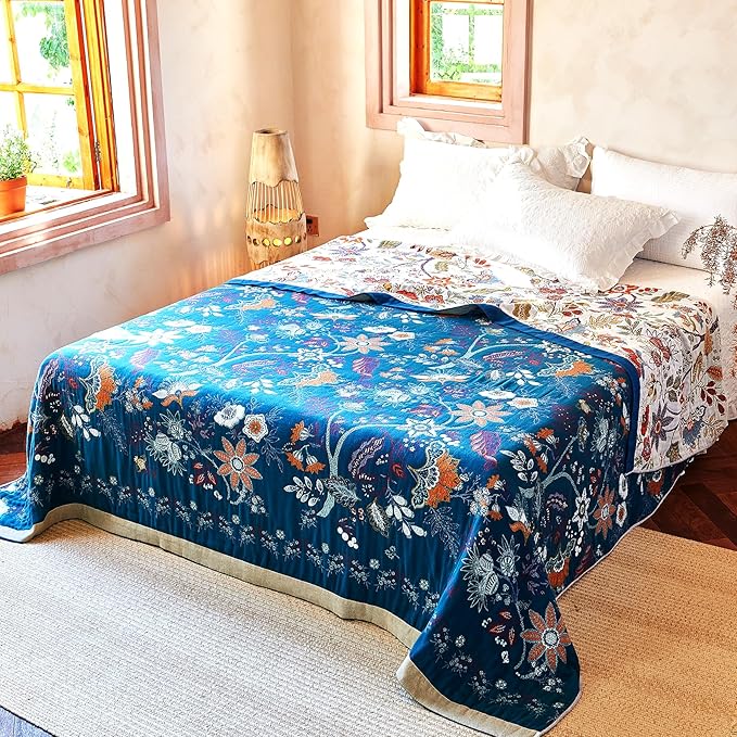 Boho Throw Blanket, 100% Organic Cotton Breathable Skin-Friendly Ultra Soft Bed Quilt Throw - All Season Floral Farmhouse Décor Luxury Blanket for Sofa Couch Chair and Gift. 60" x 80"