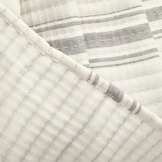 Lush Decor Farmhouse Stripe Kantha Pick Stich Yarn Dyed Cotton Woven Throw Reversible Ticking Pinstripe Design Blanket, 50" x 60", Gray