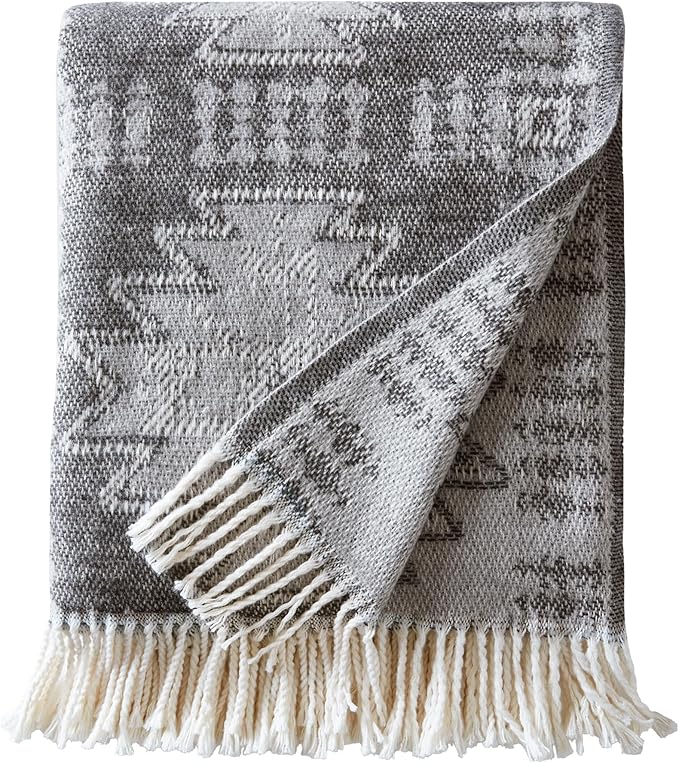 Woolrich Cotton Blend Jacquard Throw with Fringe Edge, Lightweight All-Season Decorative Throw Blanket, Machine Washable, Oeko-TEX Certified, Grey Aztec, 50"x60"