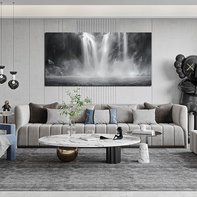 Waterfall Pictures for Living Room - Landscape Black and White Canvas Wall Art for Office - Large Abstract Bedroom Wall Decor Above Bed Size 29" x 59"