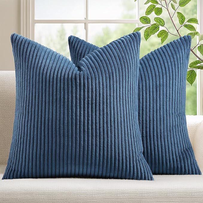 Mecatny Corduroy Decorative Throw Pillow Covers 22x22 Set of 2 for Sofa Living Room, Soft Neutral Boho Couch Pillow Covers for Home Decor, Navy Blue