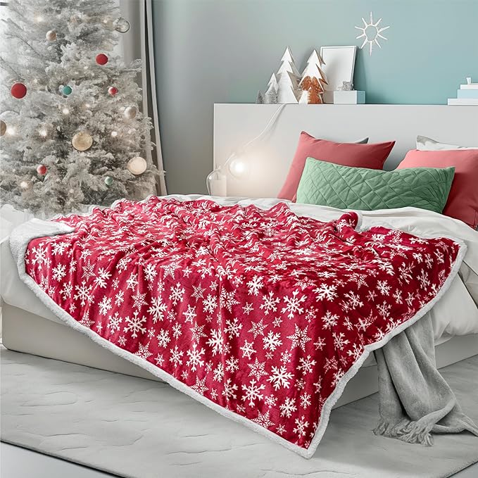 PAVILIA Red Snowflake Christmas Sherpa Throw Blanket, Ultra Soft Reversible Fleece Sherpa 50x60 Winter Blanket for Couch & Bed, Cozy Christmas Home Decor