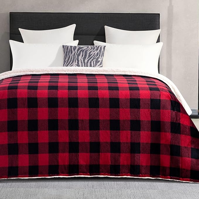 Elegant Comfort Ultra Soft Reversible Buffalo Plaid Flannel Sherpa Blanket - Cozy Silky Checkered Fleece Throw for Couch, Bed - Plush Fuzzy Warm Winter Blanket for Gift, Twin XL, Burgundy