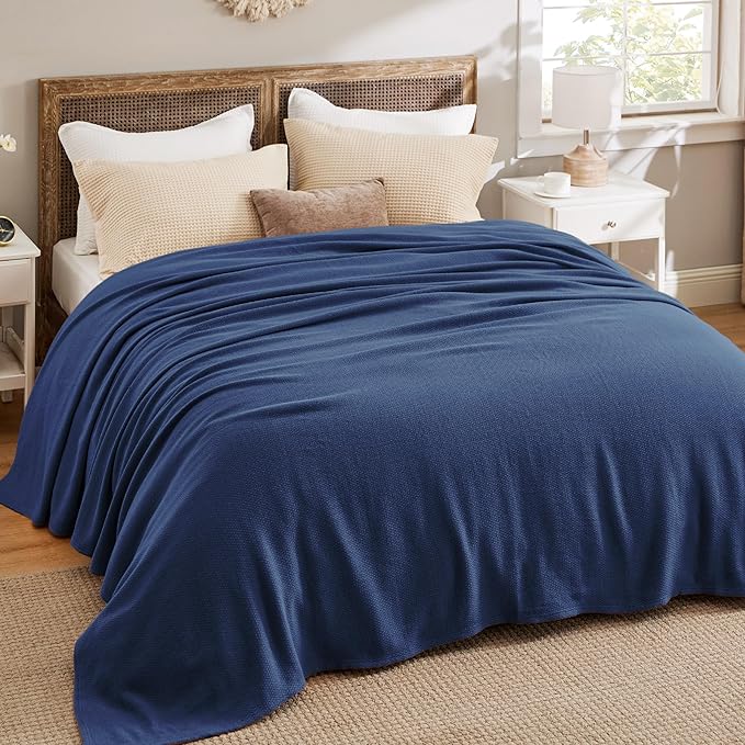Bedsure GentleSoft 100% Cotton Blanket King Size for Bed - Breathable and Lightweight, Soft Cozy Textured Herringbone Woven Blanket for Summer, Navy Blue, 108x90 inches