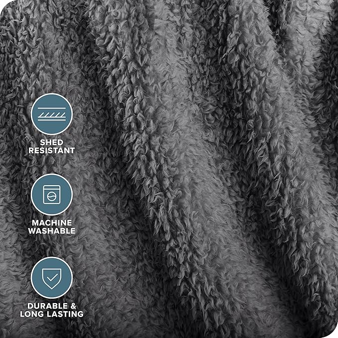 Bare Home Faux Shearling Blanket - Full/Queen Size - Blanket for Bed, Sofa, Couch, Camping, Travel, and Gifts - Warm & Lightweight - Fluffy & Soft (Full/Queen, Solid Grey)