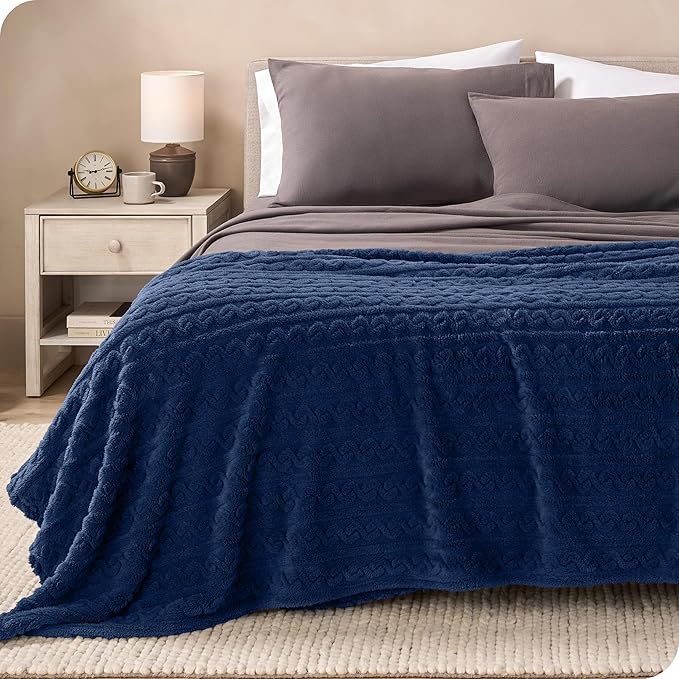 Bare Home Faux Shearling Blanket - Blanket for Bed, Sofa, Couch, Camping, Travel, and Gifts - Warm & Lightweight Throw - Fluffy & Soft (Twin/Twin XL, Cable Dark Blue)