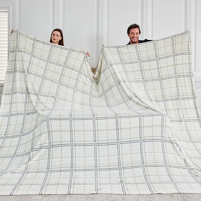 Soft Cozy 120x120 Inches Seamless Oversized King Fleece Blanket, Line Pattern Giant Huge, Extra Large 10'x10' California King Blanket for Sofa, Family, Travel, Line Ivory Grey