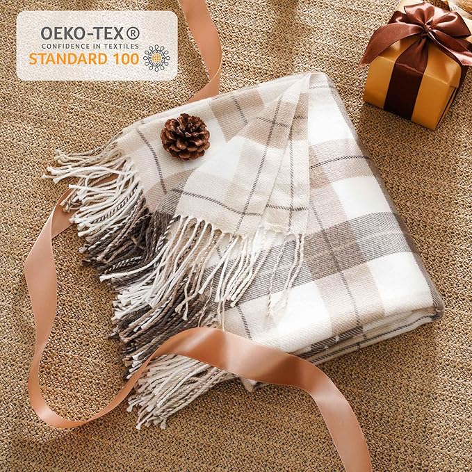 BATTILO HOME Fall Plaid Throw Blanket for Couch, Farmhouse Checkered Decor Throw, Lightweight Beige Throw Blankets for Bed Sofa Neutral Fall Decor, 49"x63"