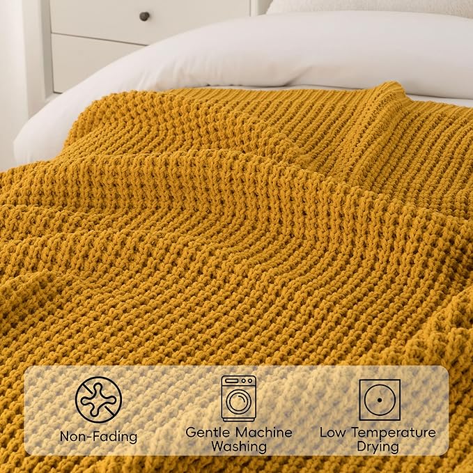 Bunnikins & Clover Knitted Waffle Throw Blanket 50x60 Inches, Mustard Yellow Throw Blanket for Couch, Soft Cozy Chenille Knit Blanket Warm Decorative Throw for Sofa