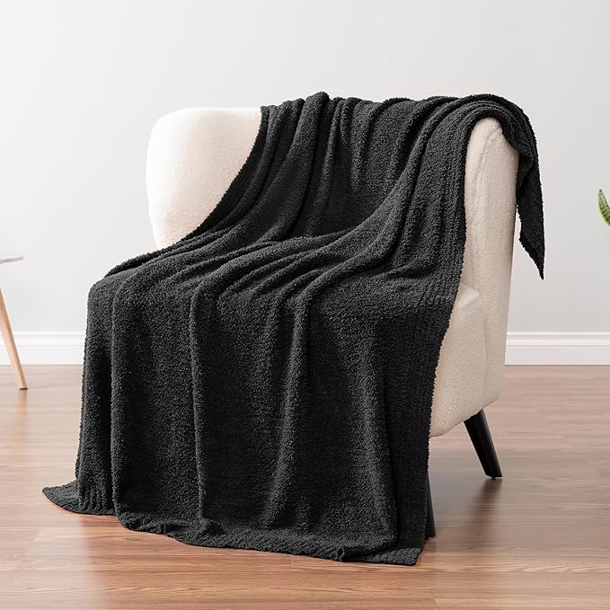 PAVILIA Super Soft Throw Blanket for Couch, Fluffy Cozy Lightweight Black Blanket, Large Fuzzy Warm Knit Blanket for Bed Sofa, 60x80