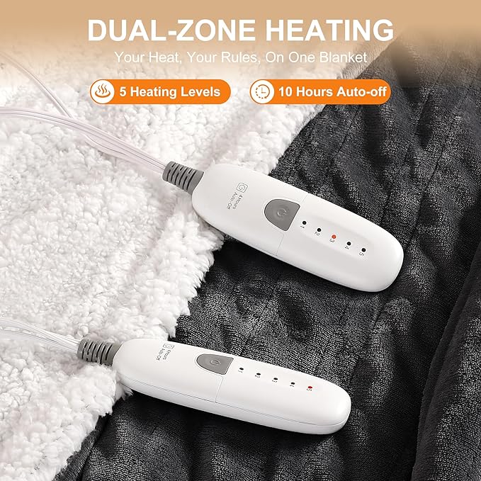 King Heated Blanket 100''X90''- Heated Blanket King Size Soft Plush Sherpa with Dual Controllers, 5 Heating Level & 10 Hour Auto Off, ETL FCC Certified, Warm Gifts for Grandma(Charcoal Grey)