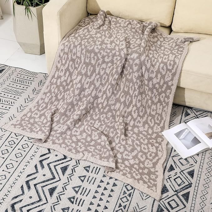 bearberry Fuzzy Leopard Knitted Throw Blanket Soft Cozy Warm Microfiber Blanket for Couch Sofa Bed Travel (Linen/Warm Gray, 40"x50")