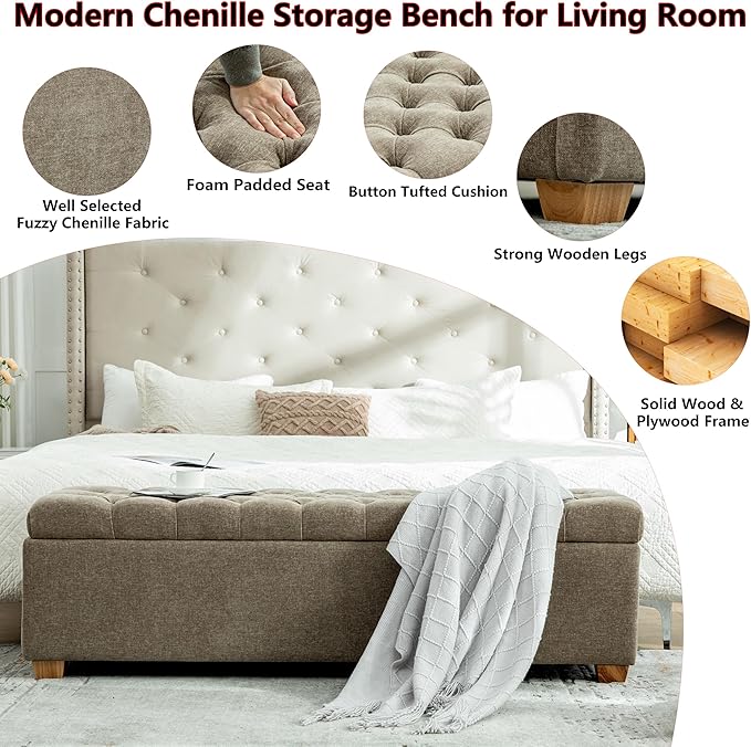 60.2" Storage Ottoman Bench for Bedroom Bed End,Chenille Bench with Seating,Button Tufted Ottomans with Storage for Living Room,Bedside,Entryway (Chenille Taupe, 60.2")