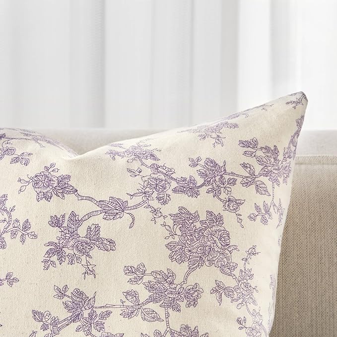 100% Cotton French Pastoral Throw Pillow Covers Set of 2, 16x16 Inch Purple Farmhouse Decorative Cushion Covers for Sofa Bed Living Room Home Decor