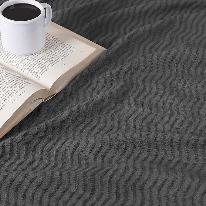 Superior JENA Cotton Blanket, for Picnic, Beach, Traveling or Camping, Bedroom Decor, Essentials, Cover for Bed, Couch, Lounging, Textured Jacquard, Modern Chevron Woven Blanket, Full/Queen, Charcoal