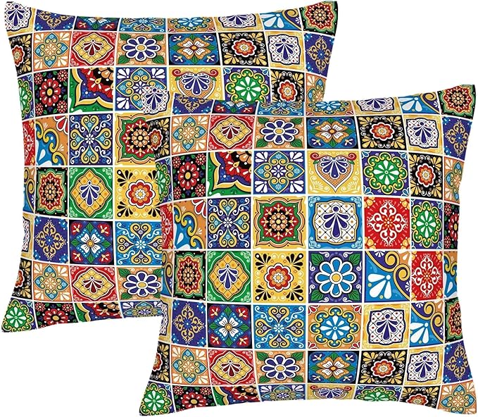 Mexican Talavera Tile Throw Pillow Covers 18x18 Set of 2, Colorful Boho Floral Pillowcases, Soft Square Cushion Covers for Couch Sofa Living Room Bedroom Farmhouse, Spring Easter Mexican Home Decor