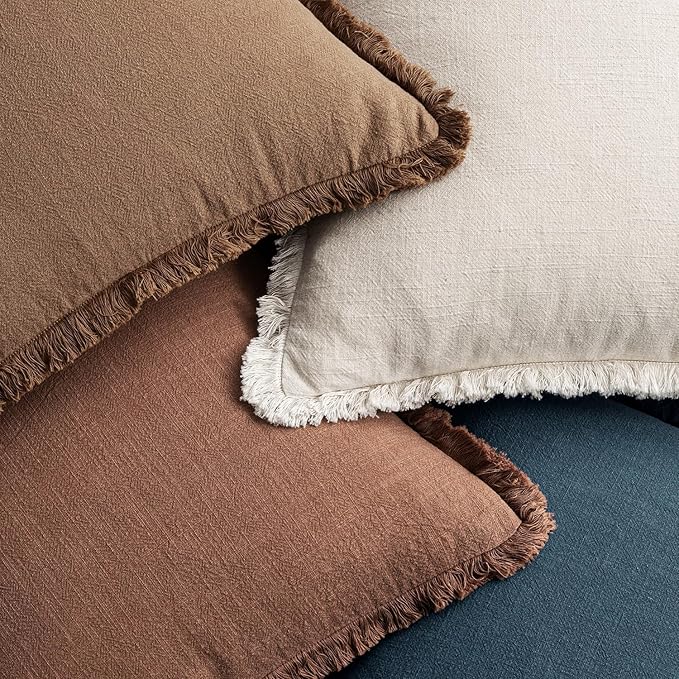 MIULEE Decorative Couch Pillow Covers Neutral Linen Fringe Throw Pillows Set of 4 Modern Rustic Cushions Boho Farmhouse Pillowcases for Bed Sofa Living Room Spring Decor 22x22 Inch Beige/Brown/Blue