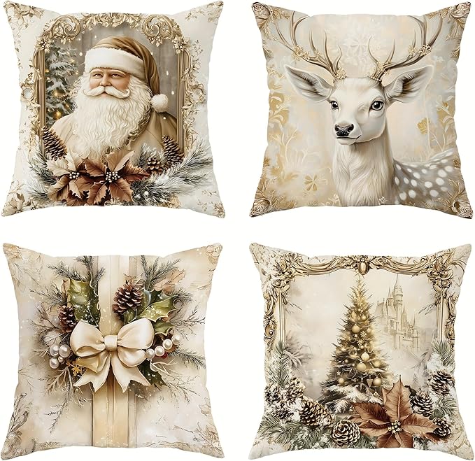 Elegant Christmas Throw Pillow Covers, Vintage White with Gold Floral Design, Winter Holiday Theme with Santa and Reindeer, Decorative Cushion Cases，Short Plush