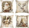 Elegant Christmas Throw Pillow Covers, Vintage White with Gold Floral Design, Winter Holiday Theme with Santa and Reindeer, Decorative Cushion Cases，Short Plush