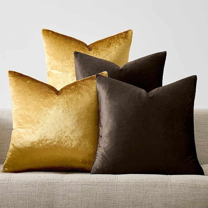 GIGIZAZA Brown Gold Velvet Pillow Covers,16x16 Soft Throw Pillow Covers Set of 4 Square Decorative Modern Pillows Covers for Living Room