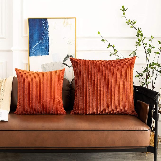 UGASA Fall Decor Super Soft Striped Corduroy Pillow Covers Large Throw Pillow Sham Cushion Cover Living Room, 2 Pcs, 26" x 26" (66cm), Burnt Brick