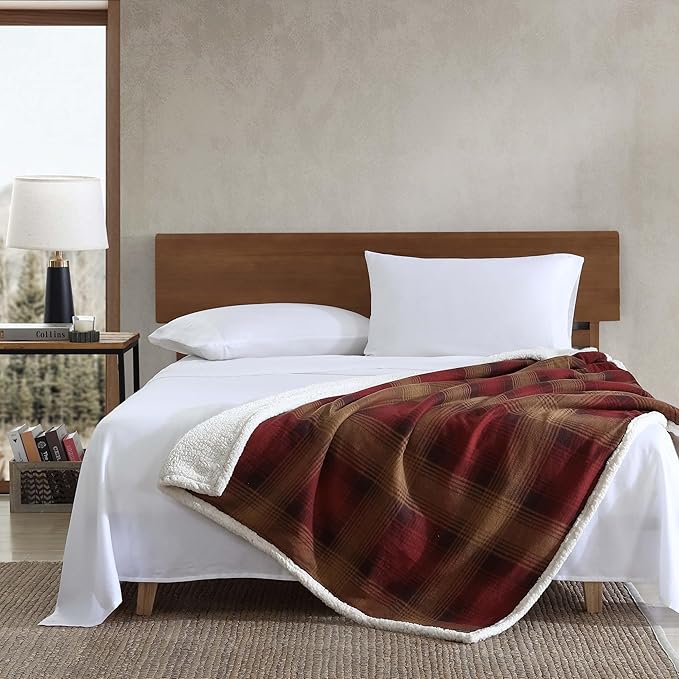 Eddie Bauer - Blanket, Super Soft Reversible Sherpa & Brushed Fleece Bedding, Ideal Throw Blankets for Couch, Plaid Home Design (Nordic Raisin)