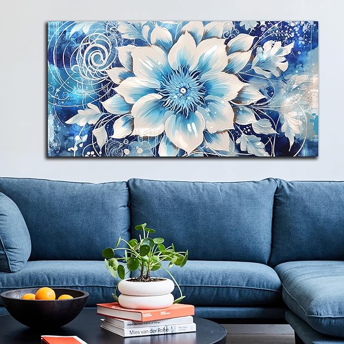 Xxliren Flower Wall Art for Living Room Large Size Office Blue Floral Wall Art Prints Ready To Hang Size 60 x 30 Inch