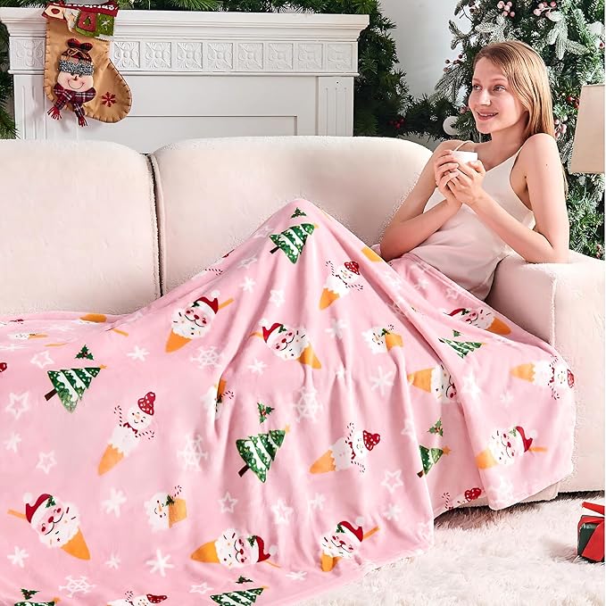 Christmas Blanket Soft Cozy Pink Throws with Snowman Snowflake Santa Claus and Xmas Trees Print, Fuzzy Warm Christmas Throw Blanket for Couch Bed Holiday Decorations Gifts 50"x60" (Pink)