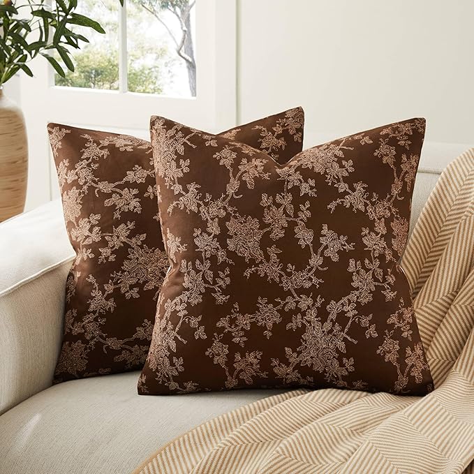 100% Cotton French Pastoral Throw Pillow Covers Set of 2, 20x20 Inch Background/Brown Farmhouse Decorative Cushion Covers for Sofa Bed Living Room Home Decor