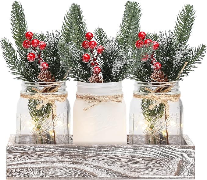 Winter Mason Jar Centerpiece for Table with LED Lights & Artificial Plants, Set of 3 Farmhouse Decorative Mason Jars for Christmas Home Decor, Winter Kitchen Dining Table Centerpiece