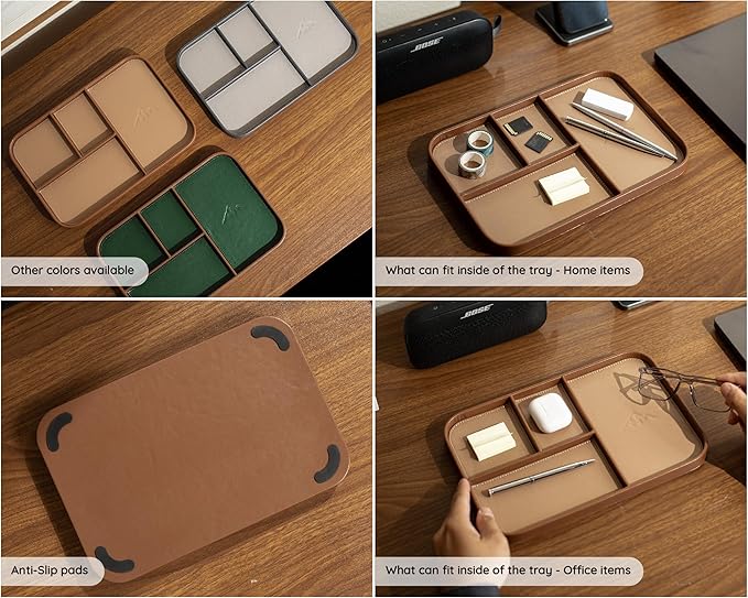 MUUJEE Leather Catchall Multitray (Design 1) - 11.65 x 7.75 x 0.8, Everyday Watch and Wallet Caddy Organizer with 4 Compartments, Accessory Glasses Phone Valet Dump Tray for Bedside Nightstand, Tan