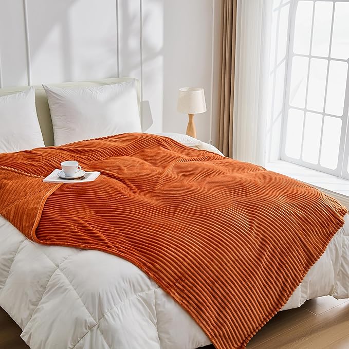 Bnuitland Burnt Orange Fleece Throw Blanket, 300GSM Soft Warm Cozy Fluffy Throw for Babys & Pets, Stripe Pattern 50"x40", All Season Sofa Bed Blanket for Home Decor