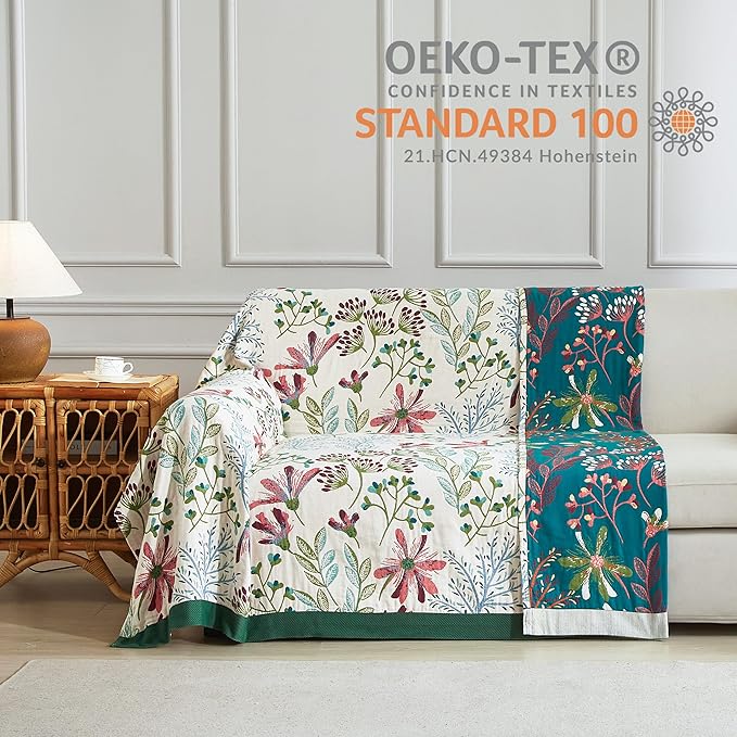 Boho Throw Blanket for Bed 90”x98”, 100% Cotton Woven Blanket for Couch Sofa, Ultra Soft 4-Layer Muslin Quilt with Floral Printed, Farmhouse Bed Blanket/Cover for Living Room Decor
