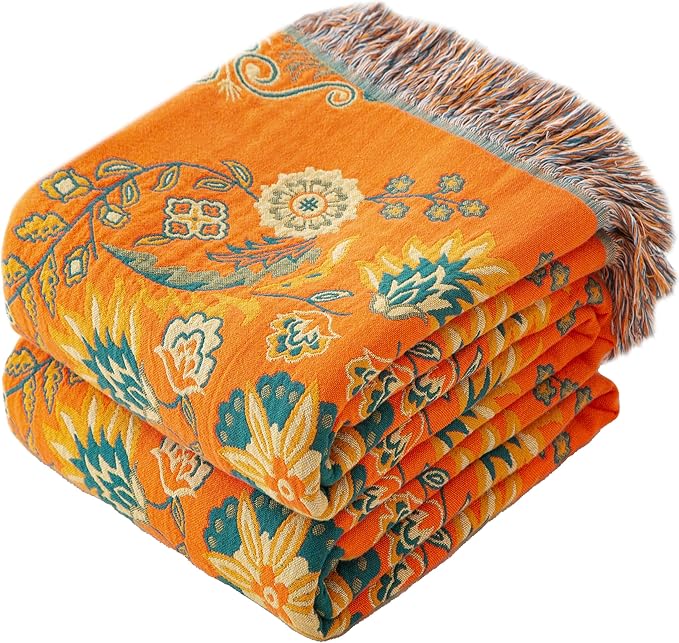 Boho Throw Blanket Throw Size, Soft Cozy Cotton Muslin Quilt Blanket for Bed Decor, Bird Patterned Couch Sofa Chair Cover, Vintage Farmhouse Cottage Tapestry Woven Blanket, Orange&Green