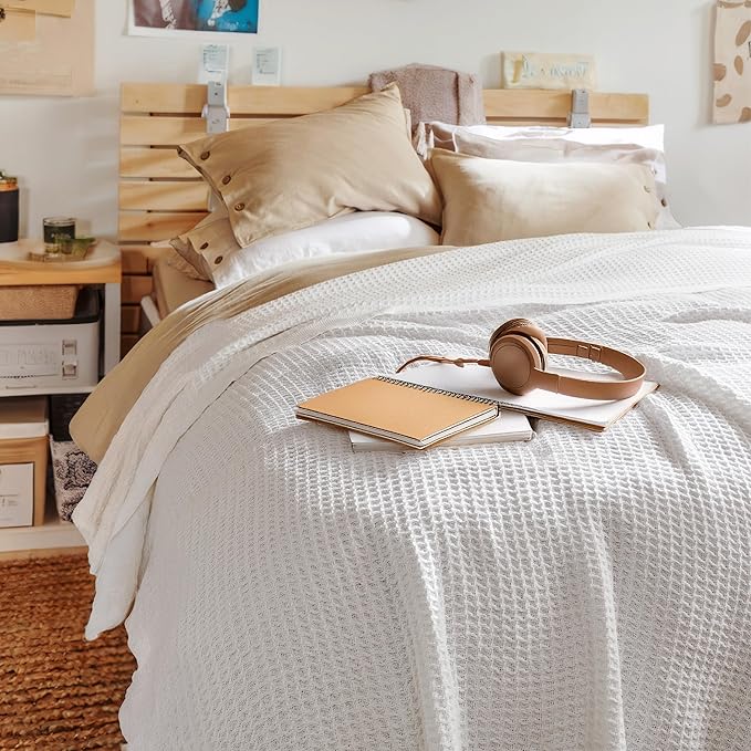 Bedsure Gentlesoft 100% Cotton Blanket Twin XL Size for College Dorm - Cooling Breathable and Soft for Spring Summer, Waffle Weave Twin Blanket for Bed, Dorm Room Essentials, White, 66x90 inches