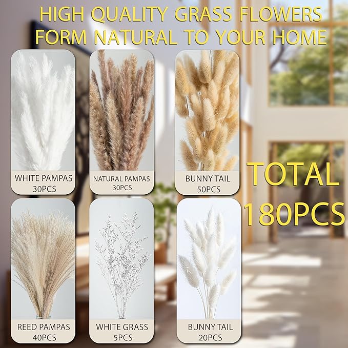 180 Pcs Pampas Grass Decor | Natural Dried Flowers | Boho Dried Floral Arrangement Centerpiece Table Decor Wedding Rustic Decor
