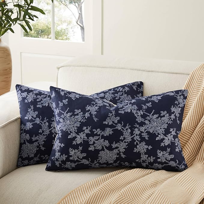 100% Cotton French Pastoral Throw Pillow Covers Set of 2, 12x20 Inch Background/Blue Farmhouse Decorative Cushion Covers for Sofa Bed Living Room Home Decor