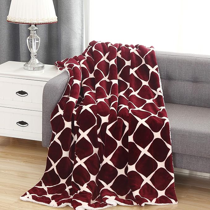 Elegant Comfort Luxury Ultra-Plush Velvet Touch FleeceThrow Soft, Warm, Cozy| Micromink Sherpa-Backing Reversible Blanket for Bed, Sofa and Couch, (50" x 60"), Bloomingdale Burgundy