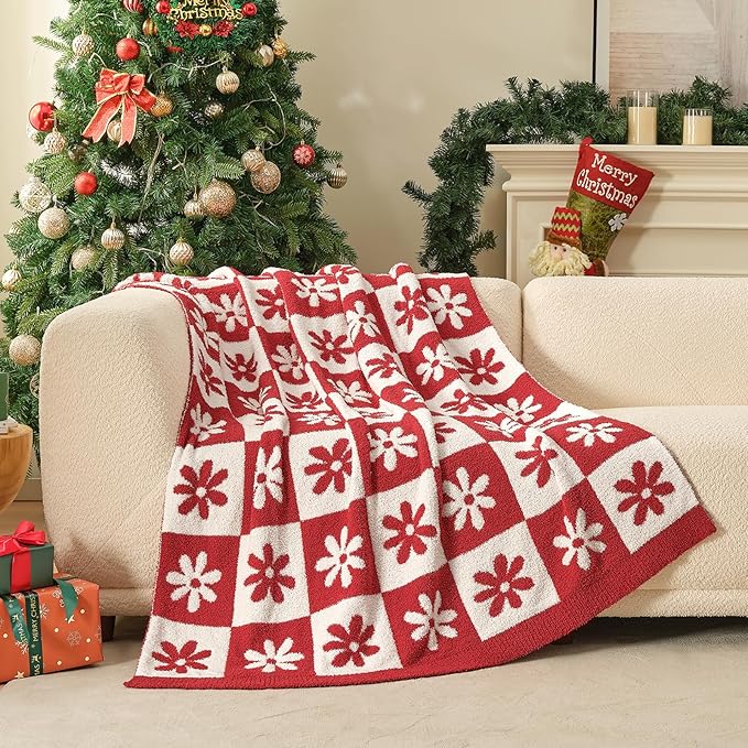 Snuggle Sac Checkered Blanket, Red Flower Throw Blanket for Christmas Couch Plaid Microfiber Fluffy Warm Cozy Fuzzy Soft Reversible Checkerered Blankets for Sofa, Chair, Bed, 50x60 inches