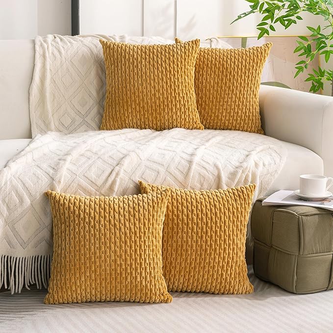 Set of 4 Mustard Yellow Decorative Throw Pillow Covers 26x26 Inch Corduroy Pillow Covers for Bed Couch Sofa Living Room Soft Square Cushion Cases