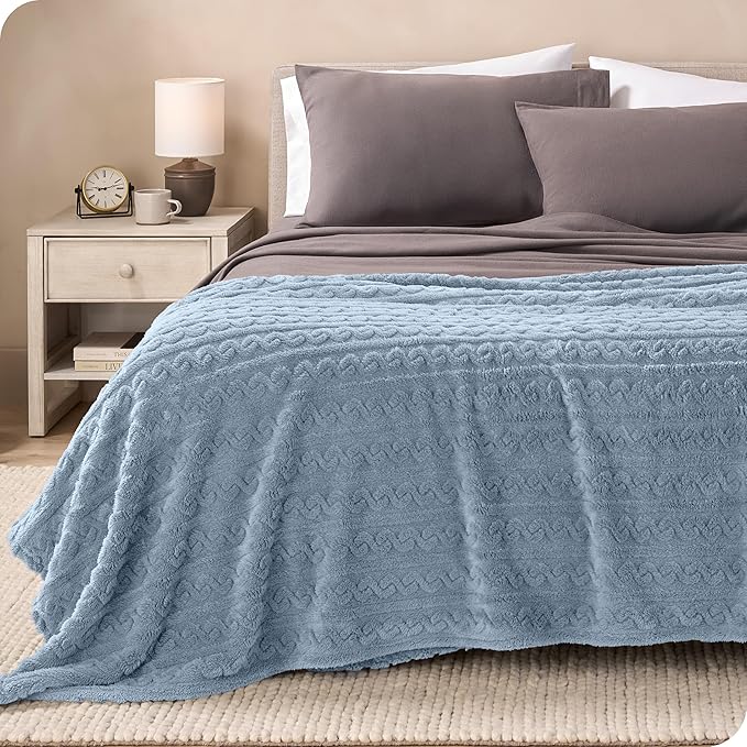 Bare Home Faux Shearling Blanket - Full/Queen Size - Blanket for Bed, Sofa, Couch, Camping, Travel, and Gifts - Warm & Lightweight - Fluffy & Soft (Full/Queen, Cable Dusty Blue)